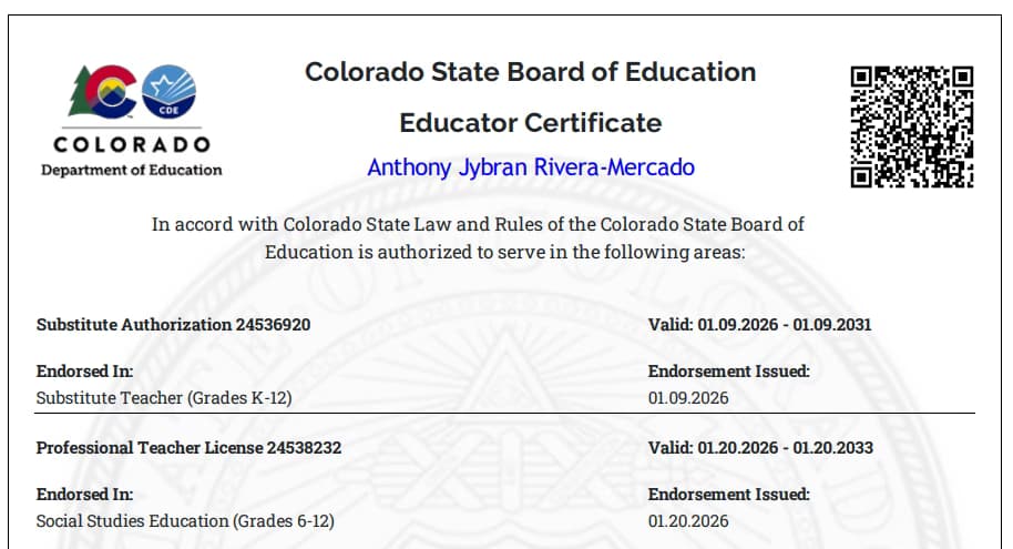 Verified degree or teaching certification of Anthony 