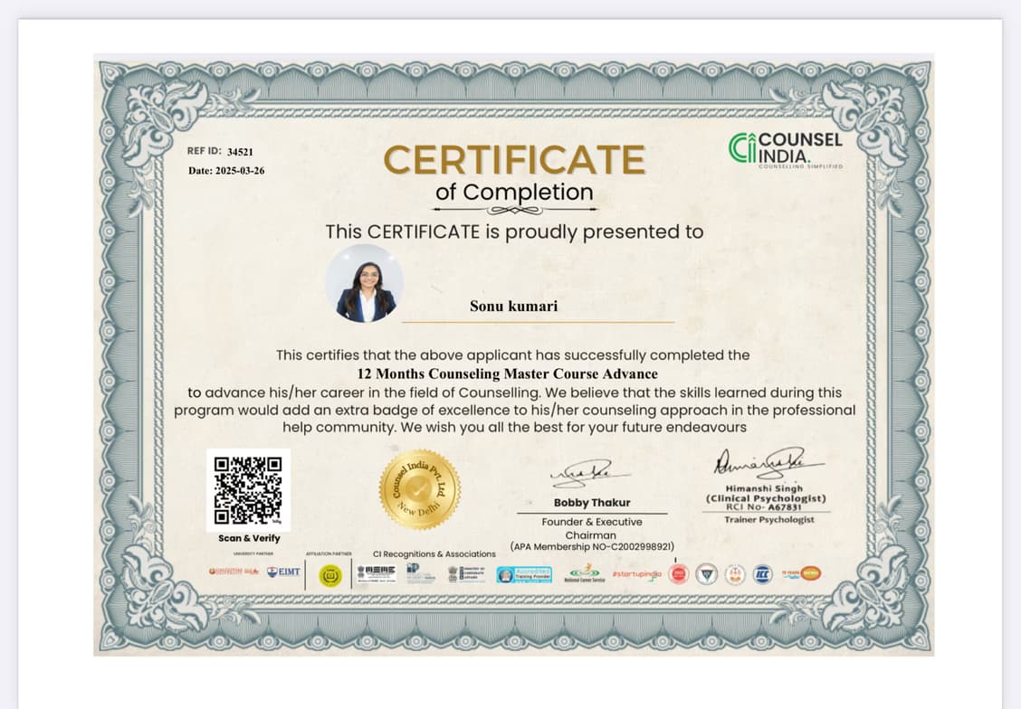 Verified degree or teaching certification of Sonu 