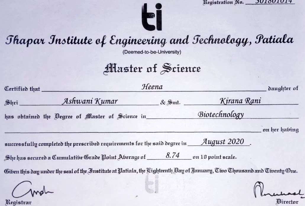 Verified degree or teaching certification of Heena 