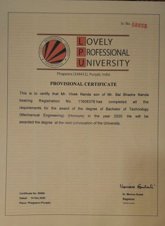 Verified degree or teaching certification of Vivek  