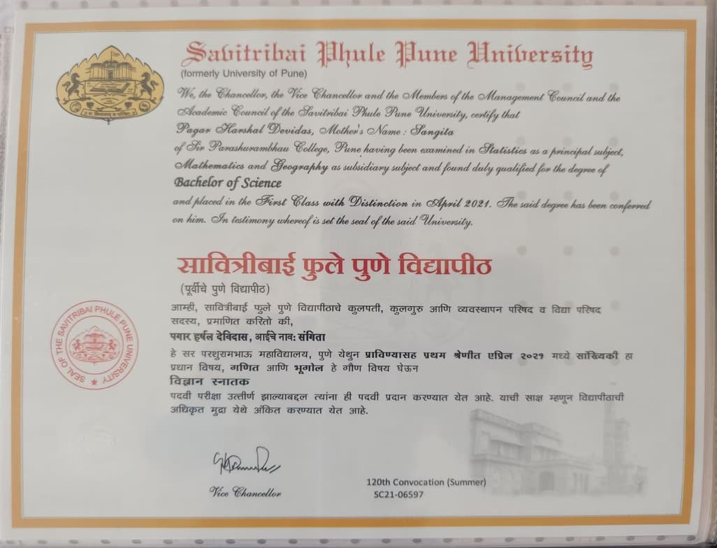 Verified degree or teaching certification of Harshal 