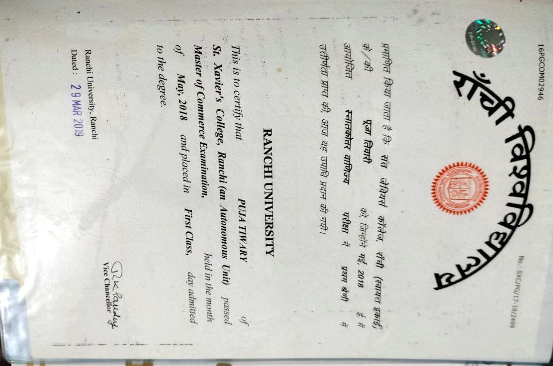 Verified degree or teaching certification of Puja 