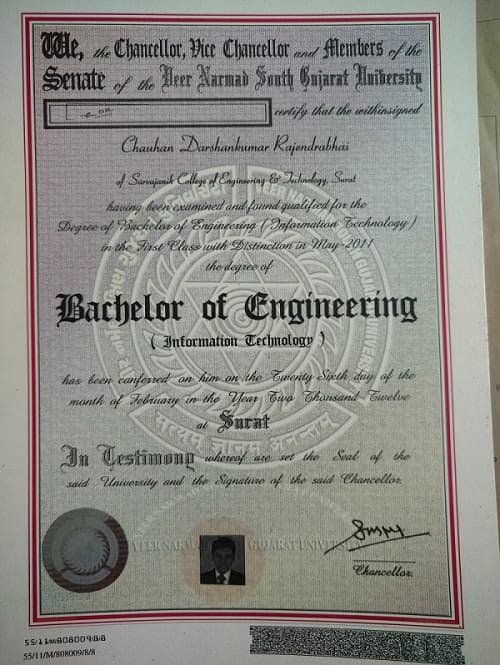 Verified degree or teaching certification of Darshankumar 