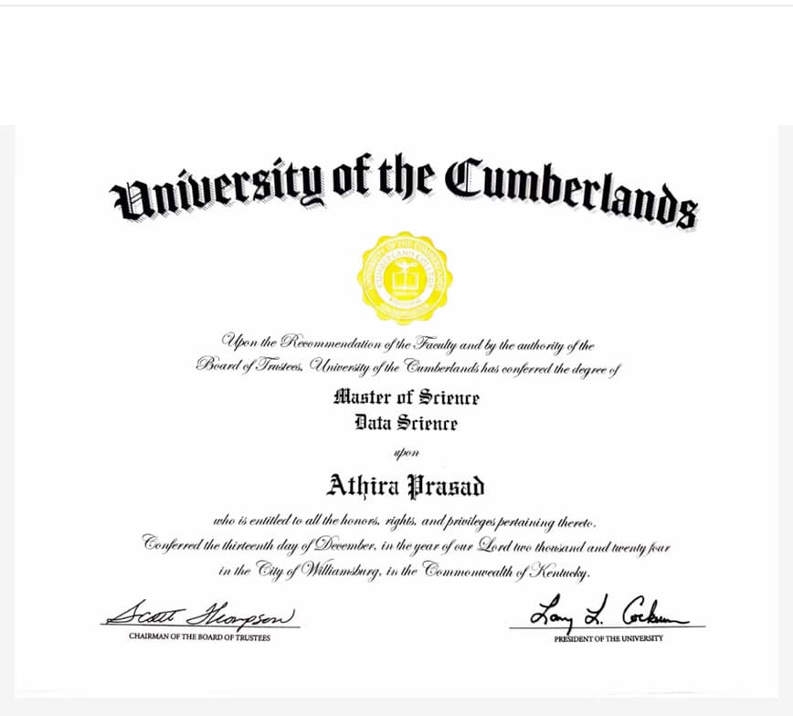 Verified degree or teaching certification of Athira 