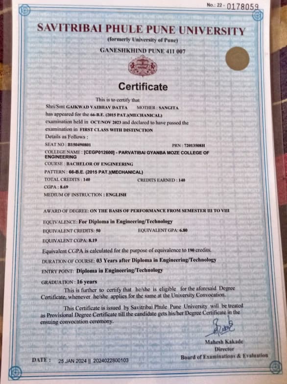 Verified degree or teaching certification of Vaibhav 