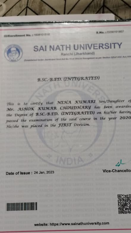 Verified degree or teaching certification of Neha 