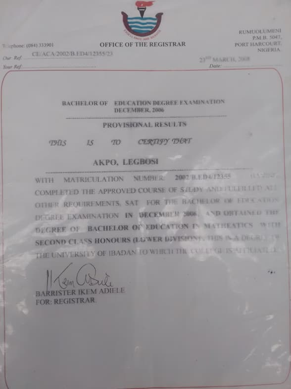 Verified degree or teaching certification of Legbosi  