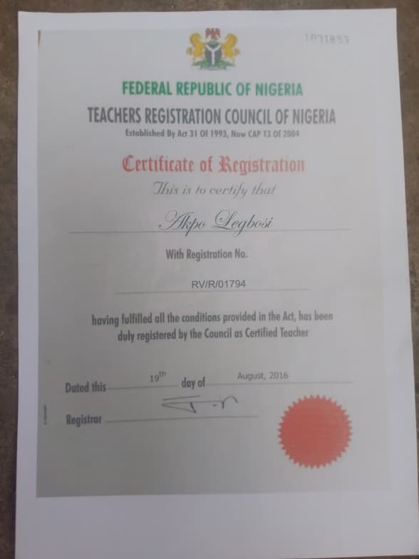 Verified degree or teaching certification of Legbosi  