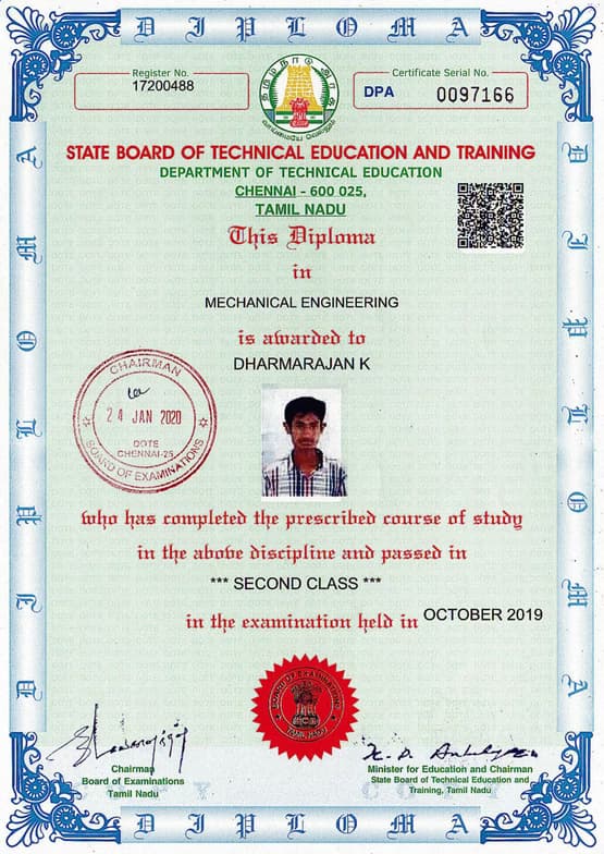 Verified degree or teaching certification of Dharmarajan  
