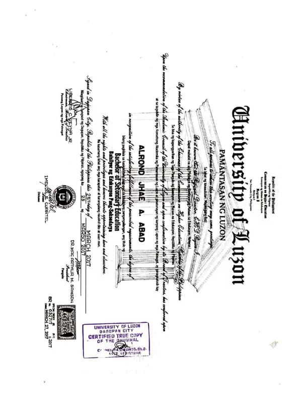 Verified degree or teaching certification of ALROND JHAE 