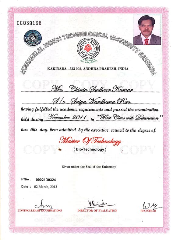 Verified degree or teaching certification of Chinta Sudheer  