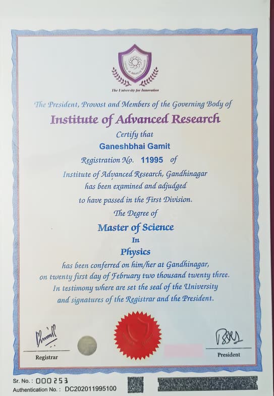 Verified degree or teaching certification of Ganesh 