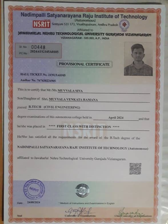 Verified degree or teaching certification of Muvvala 