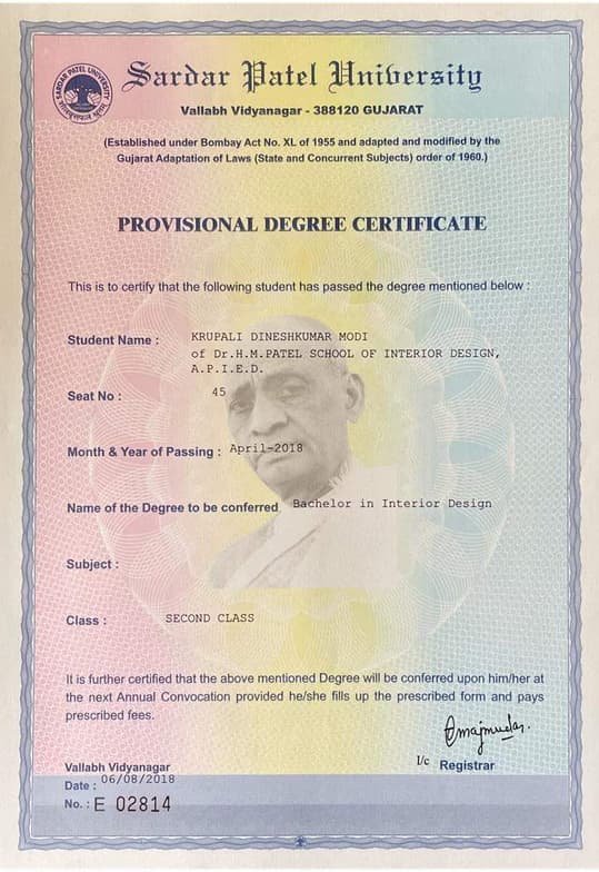 Verified degree or teaching certification of Krupali 