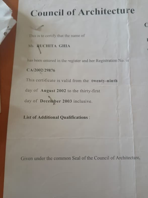 Verified degree or teaching certification of Ruchita 