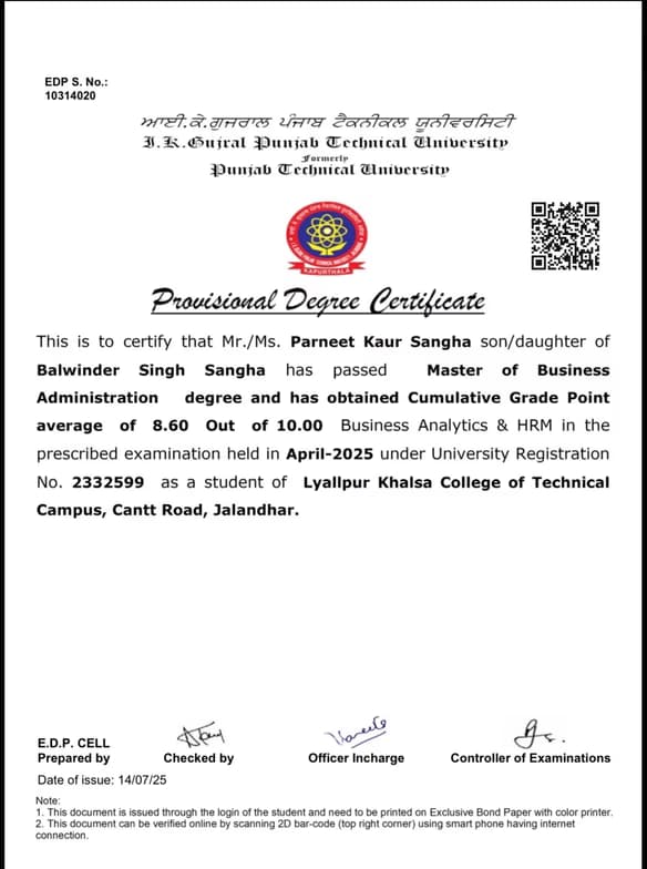 Verified degree or teaching certification of Parneet  