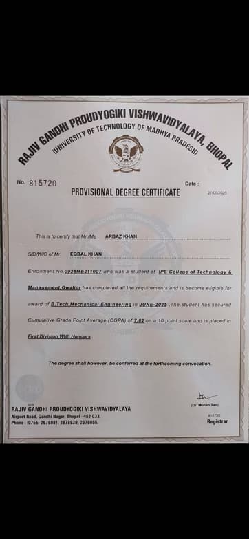 Verified degree or teaching certification of Arbaz 