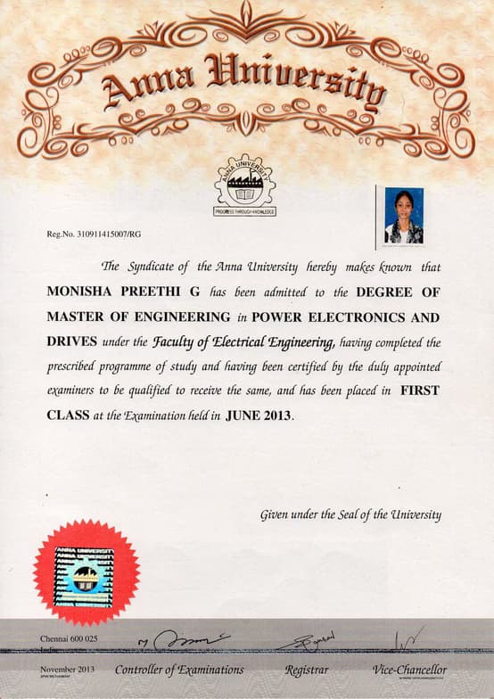 Verified degree or teaching certification of Monisha Preethi 