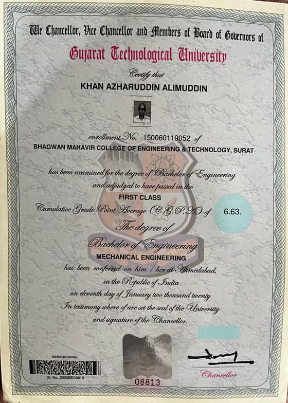 Verified degree or teaching certification of Khan 