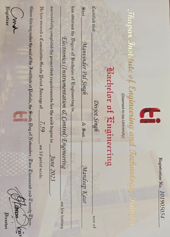 Verified degree or teaching certification of Divjot 