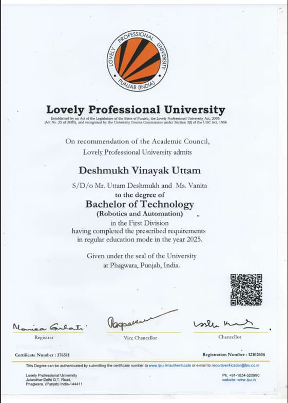 Verified degree or teaching certification of Vinayak 