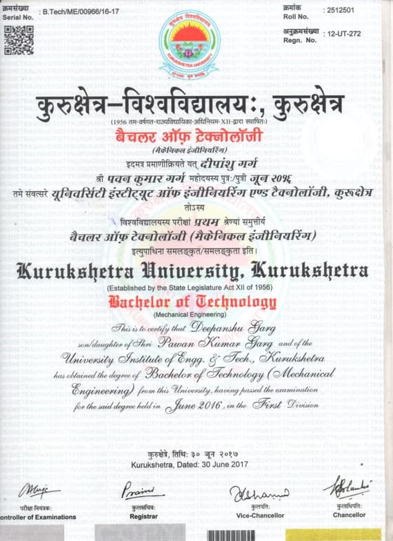 Verified degree or teaching certification of Deepaanshu 
