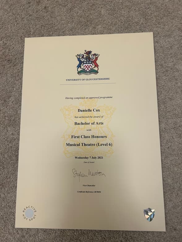 Verified degree or teaching certification of Danielle 