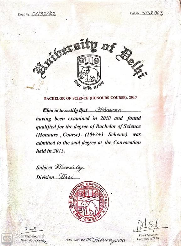 Verified degree or teaching certification of Bhawna 