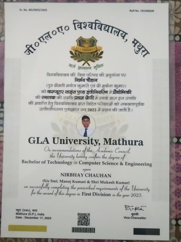 Verified degree or teaching certification of Nirbhay 