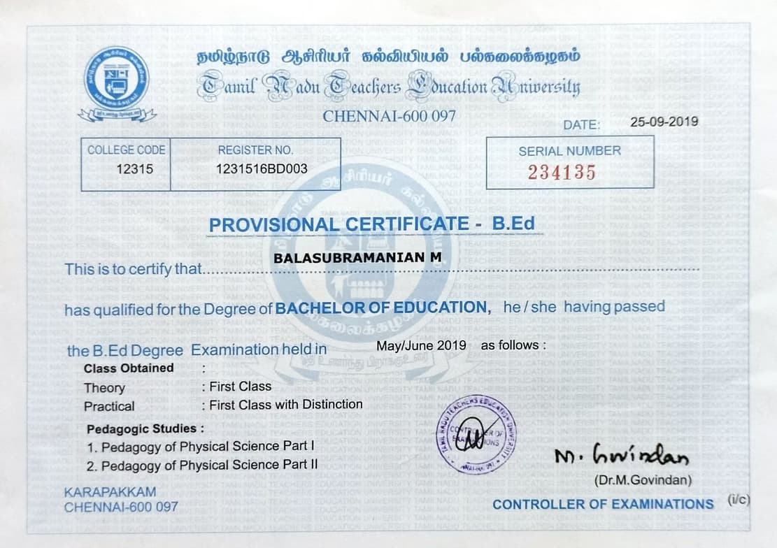Verified degree or teaching certification of Balasubramanian 
