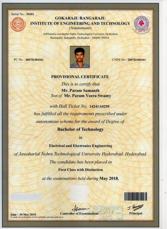 Verified degree or teaching certification of Samanth 