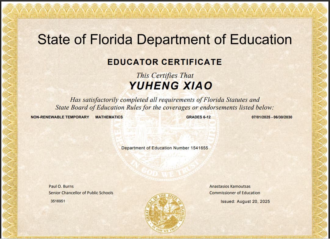 Verified degree or teaching certification of Yu-heng 