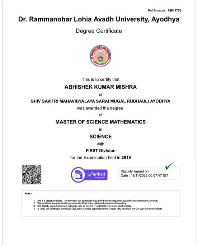 Verified degree or teaching certification of Abhishek 