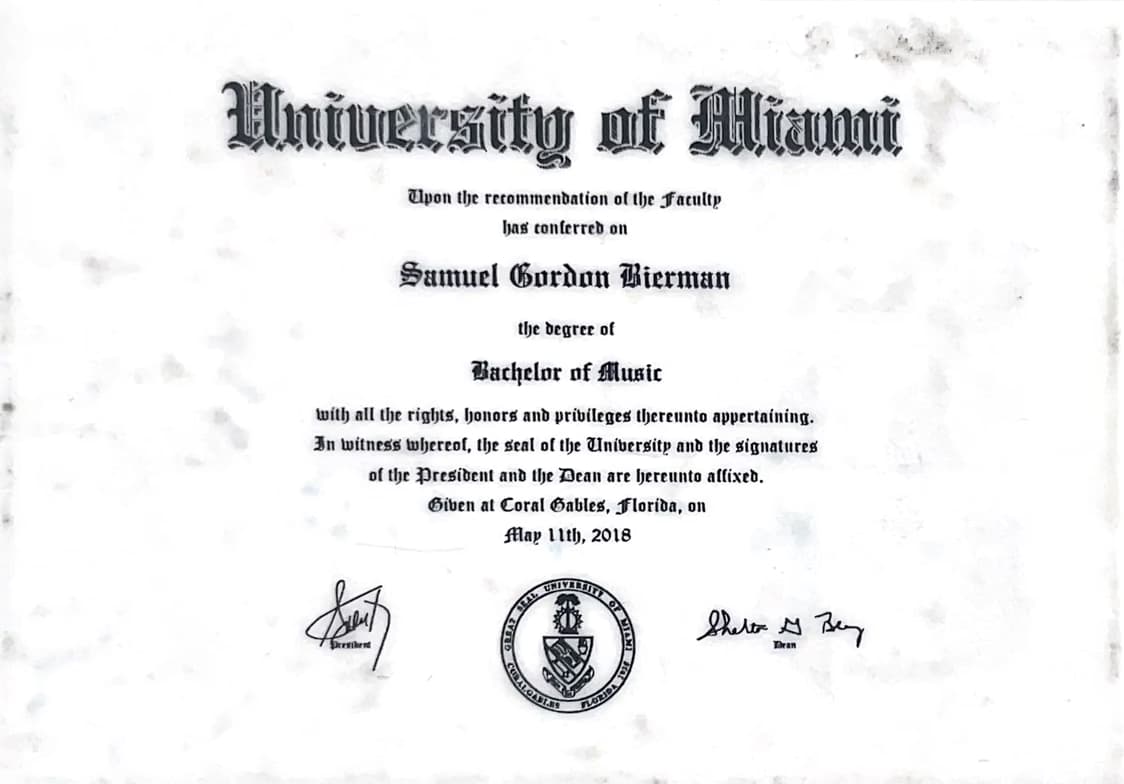 Verified degree or teaching certification of Sam 