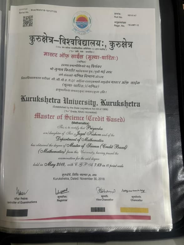 Verified degree or teaching certification of Priyanka 