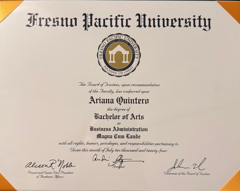 Verified degree or teaching certification of Ariana 