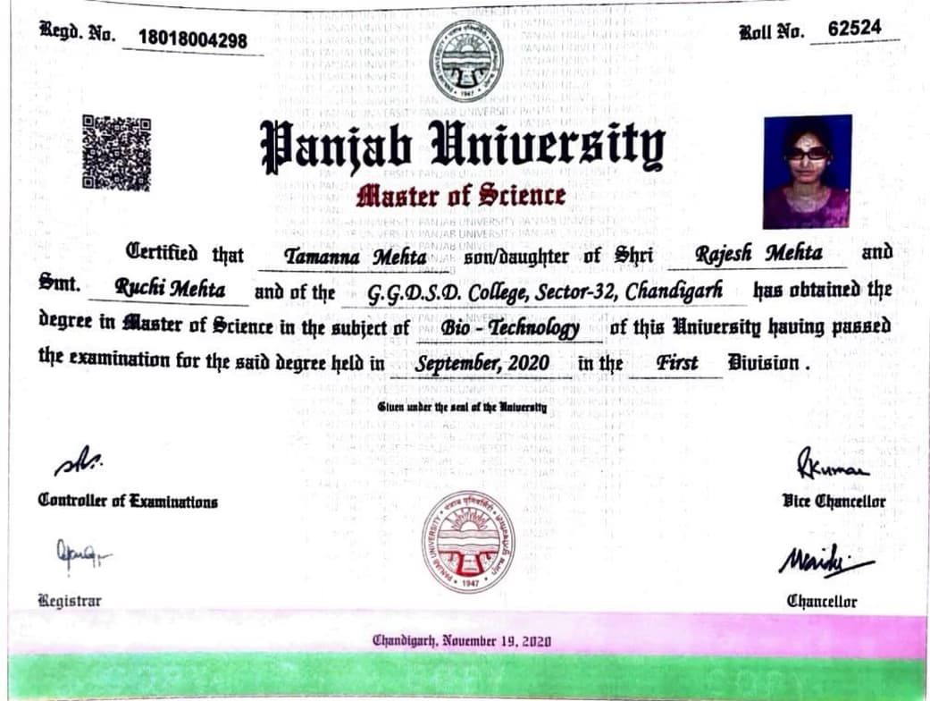 Verified degree or teaching certification of TAMANNA 