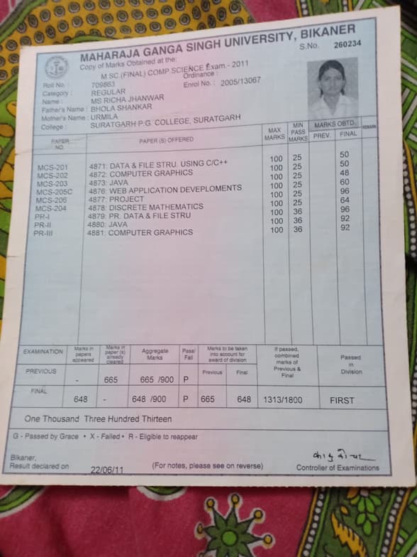 Verified degree or teaching certification of Richa  