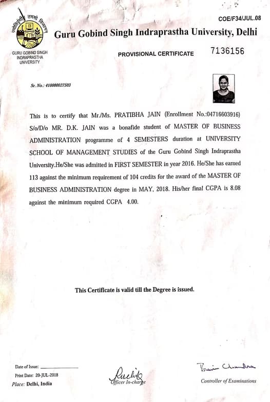 Verified degree or teaching certification of Pratibha 