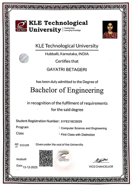 Verified degree or teaching certification of Gayatri 