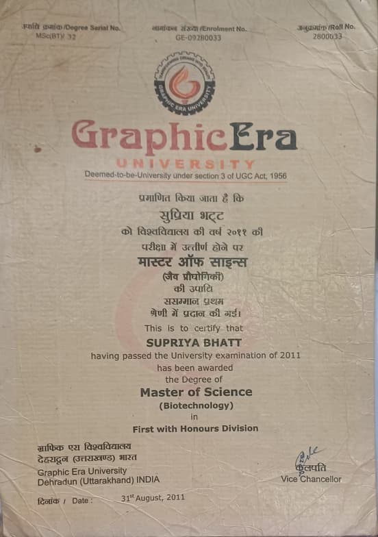 Verified degree or teaching certification of SUPRIYA 