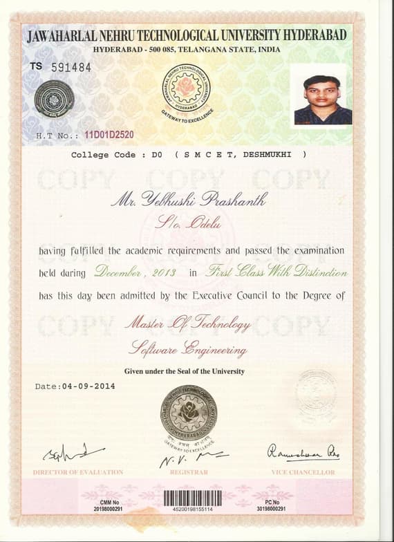 Verified degree or teaching certification of Prashanth 