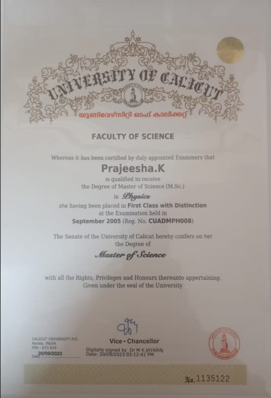 Verified degree or teaching certification of Prajeesha  
