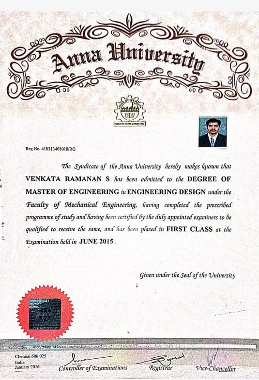 Verified degree or teaching certification of Venkataramanan 