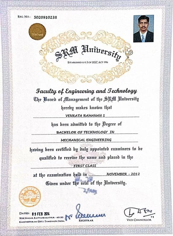 Verified degree or teaching certification of Venkataramanan 