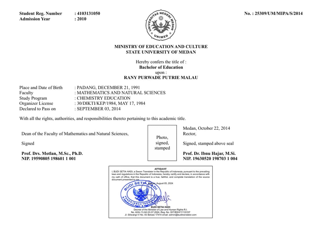 Verified degree or teaching certification of Rany Purwade Putrie 