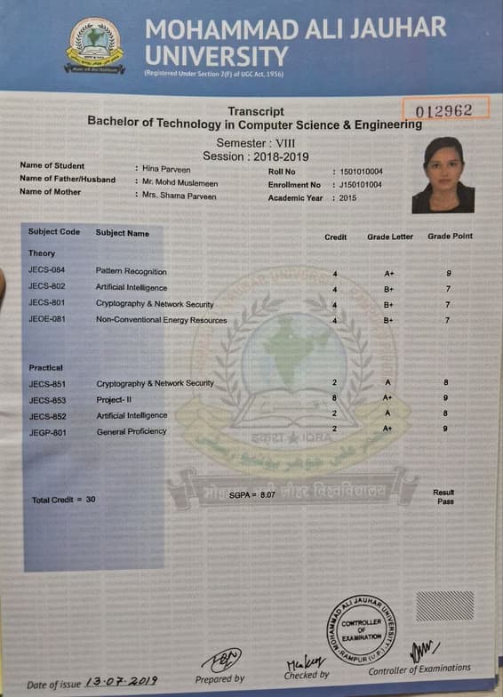 Verified degree or teaching certification of Hina 