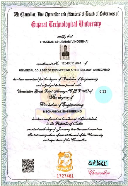 Verified degree or teaching certification of Shubham 