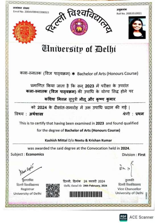 Verified degree or teaching certification of Kashish 
