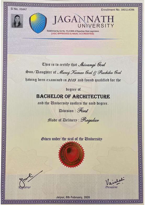 Verified degree or teaching certification of Shivangi 